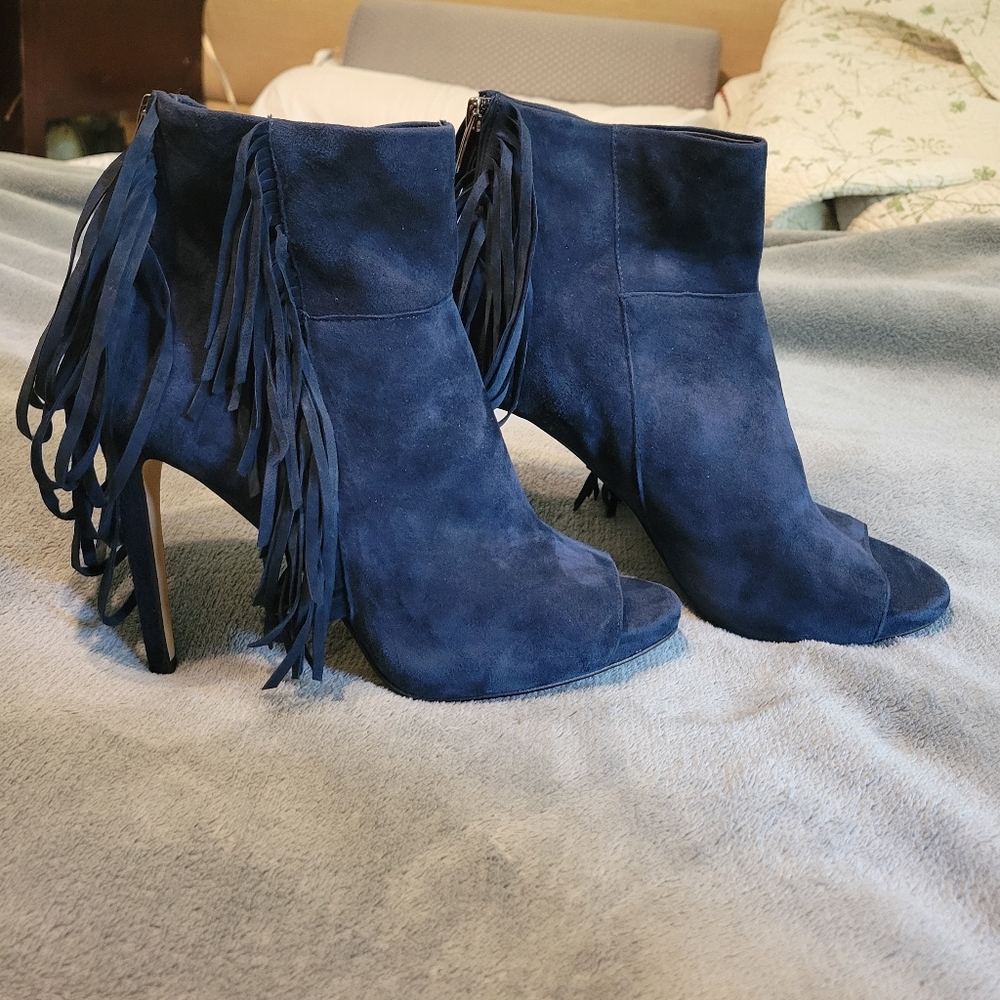 Vince Camuto Blue Heeled Boots with Decorative Straps
